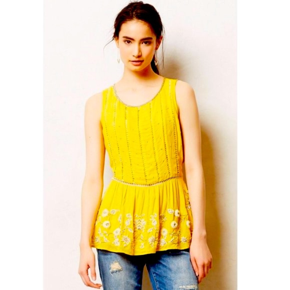 MAEVE Anthropologie Calendula Embroidered Peplum Blouse